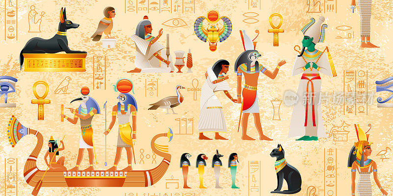 带有法老元素的埃及向量纸莎草- Ankh，圣甲虫，猫，狗，Wadjet。诸神集合-透特，拉，奥西里斯，荷鲁斯，阿努比斯，巴斯特，拉。古代历史的壁画。埃及神话无缝图案